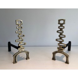 Pair of Modernist Brass Andirons, Italian Work, Circa 1970