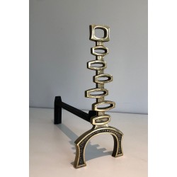 Paire de Chenets Modernistes en Laiton, Travail Italien, Vers 1970