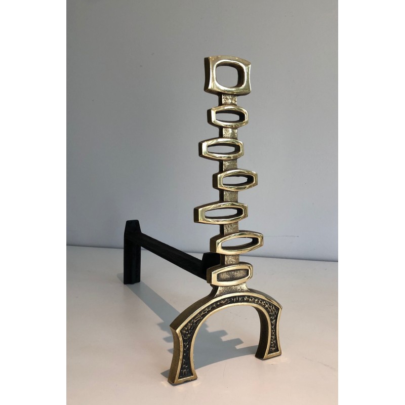 Pair of Modernist Brass Andirons, Italian Work, Circa 1970