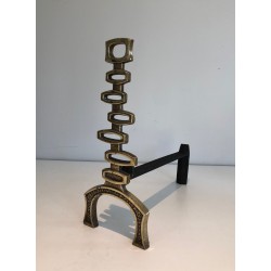 Paire de Chenets Modernistes en Laiton, Travail Italien, Vers 1970