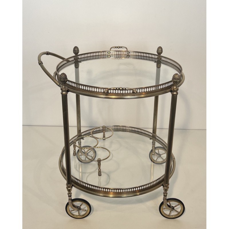 Neoclassical Round Silvered Brass Drinks Trolley with Removable Trays, Maison Baguès, Circa 1940