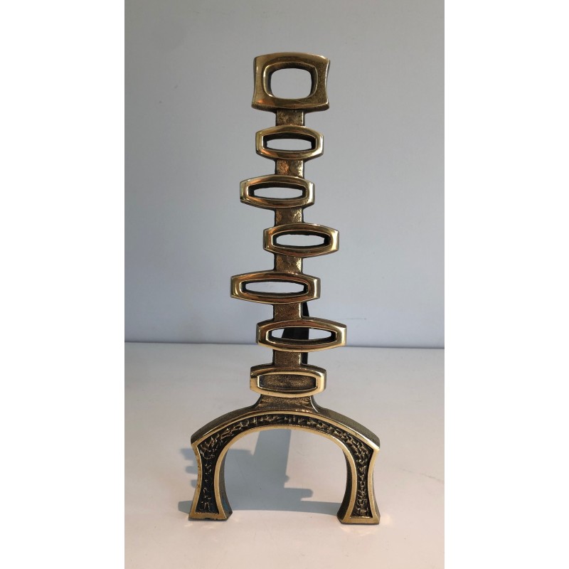 Pair of Modernist Brass Andirons, Italian Work, Circa 1970