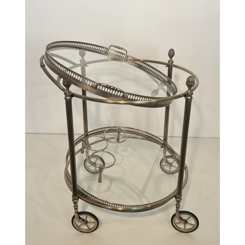 Neoclassical Round Silvered Brass Drinks Trolley with Removable Trays, Maison Baguès, Circa 1940