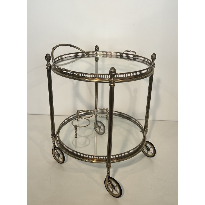Table Roulante Ronde Néoclassique en Laiton Argenté à Plateaux Amovibles, Maison Baguès, Vers 1940