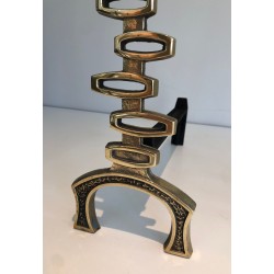 Pair of Modernist Brass Andirons, Italian Work, Circa 1970