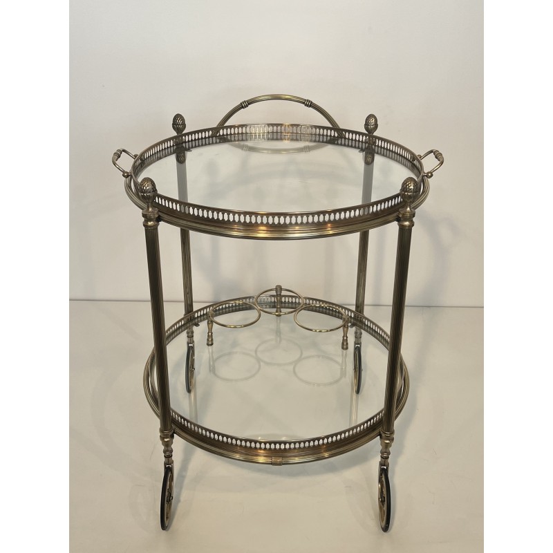 Neoclassical Round Silvered Brass Drinks Trolley with Removable Trays, Maison Baguès, Circa 1940