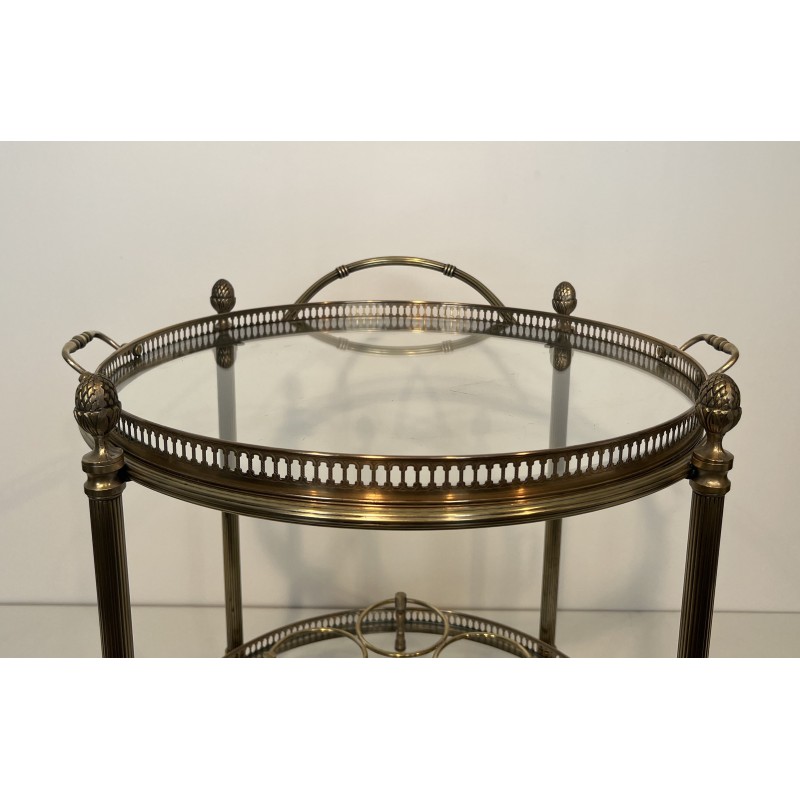 Table Roulante Ronde Néoclassique en Laiton Argenté à Plateaux Amovibles, Maison Baguès, Vers 1940