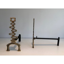 Pair of Modernist Brass Andirons, Italian Work, Circa 1970