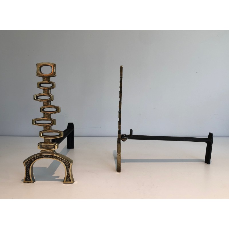 Pair of Modernist Brass Andirons, Italian Work, Circa 1970