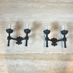 Pair of Gothic Style Wrought Iron Wall Lights with 2 Arms