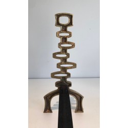 Pair of Modernist Brass Andirons, Italian Work, Circa 1970