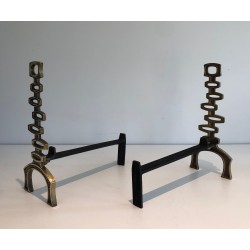 Pair of Modernist Brass Andirons, Italian Work, Circa 1970
