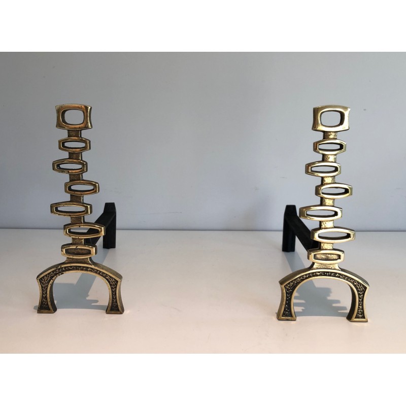 Pair of Modernist Brass Andirons, Italian Work, Circa 1970