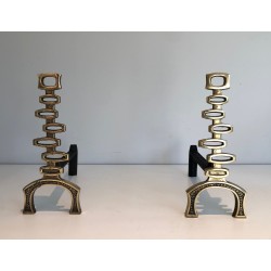 Pair of Modernist Brass Andirons, Italian Work, Circa 1970