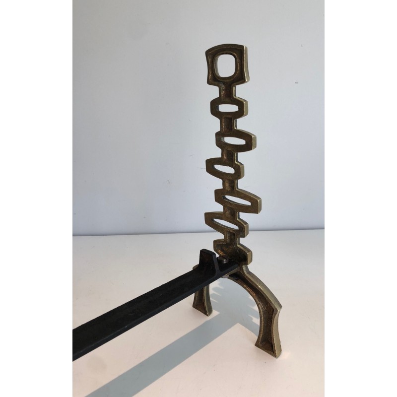 Paire de Chenets Modernistes en Laiton, Travail Italien, Vers 1970