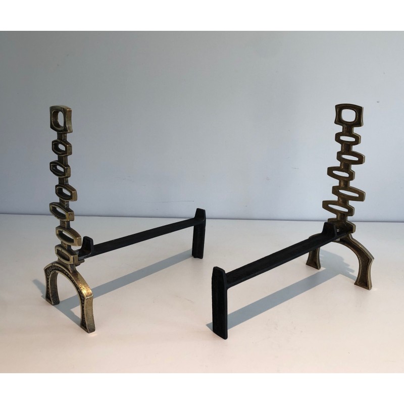 Paire de Chenets Modernistes en Laiton, Travail Italien, Vers 1970