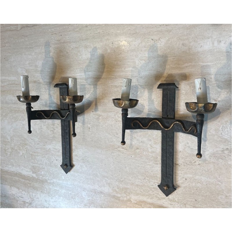 Pair of Wrought Iron Wall Lights with Coat of Arms and 2 Light Arms in the Gothic Style