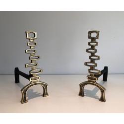Pair of Modernist Brass Andirons, Italian Work, Circa 1970