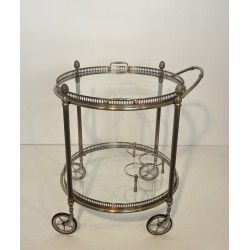 Table Roulante Ronde Néoclassique en Laiton Argenté à Plateaux Amovibles, Maison Baguès, Vers 1940