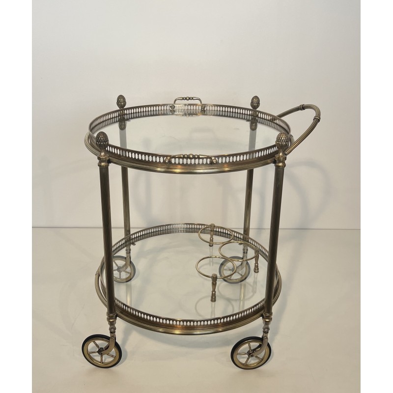 Table Roulante Ronde Néoclassique en Laiton Argenté à Plateaux Amovibles, Maison Baguès, Vers 1940