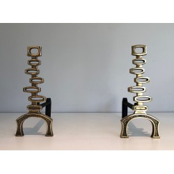Paire de Chenets Modernistes en Laiton, Travail Italien, Vers 1970