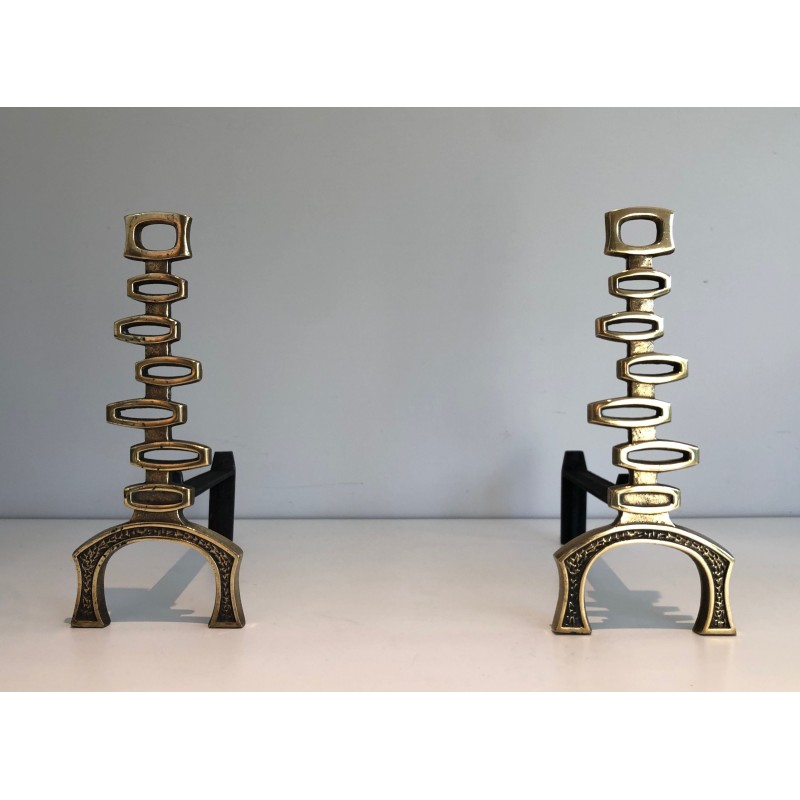 Paire de Chenets Modernistes en Laiton, Travail Italien, Vers 1970