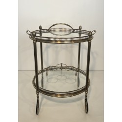 Table Roulante Ronde Néoclassique en Laiton Argenté à Plateaux Amovibles, Maison Baguès, Vers 1940