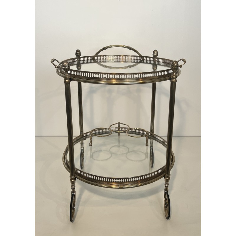 Table Roulante Ronde Néoclassique en Laiton Argenté à Plateaux Amovibles, Maison Baguès, Vers 1940