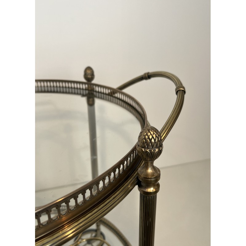 Table Roulante Ronde Néoclassique en Laiton Argenté à Plateaux Amovibles, Maison Baguès, Vers 1940