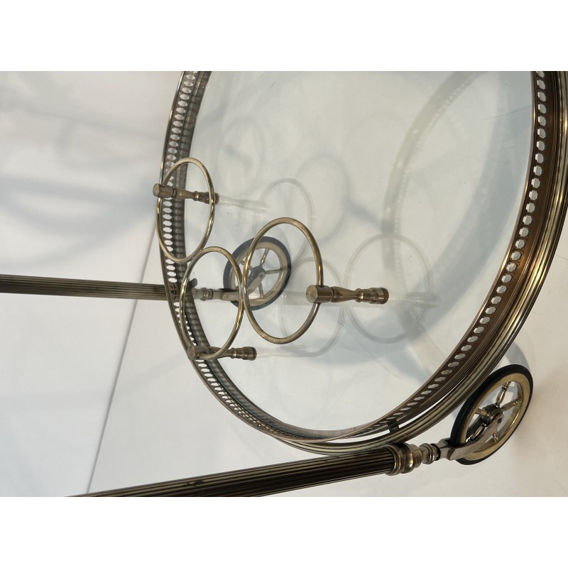 Neoclassical Round Silvered Brass Drinks Trolley with Removable Trays, Maison Baguès, Circa 1940