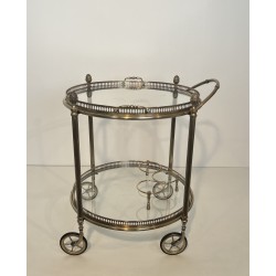 Table Roulante Ronde Néoclassique en Laiton Argenté à Plateaux Amovibles, Maison Baguès, Vers 1940
