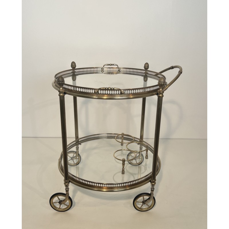 Neoclassical Round Silvered Brass Drinks Trolley with Removable Trays, Maison Baguès, Circa 1940