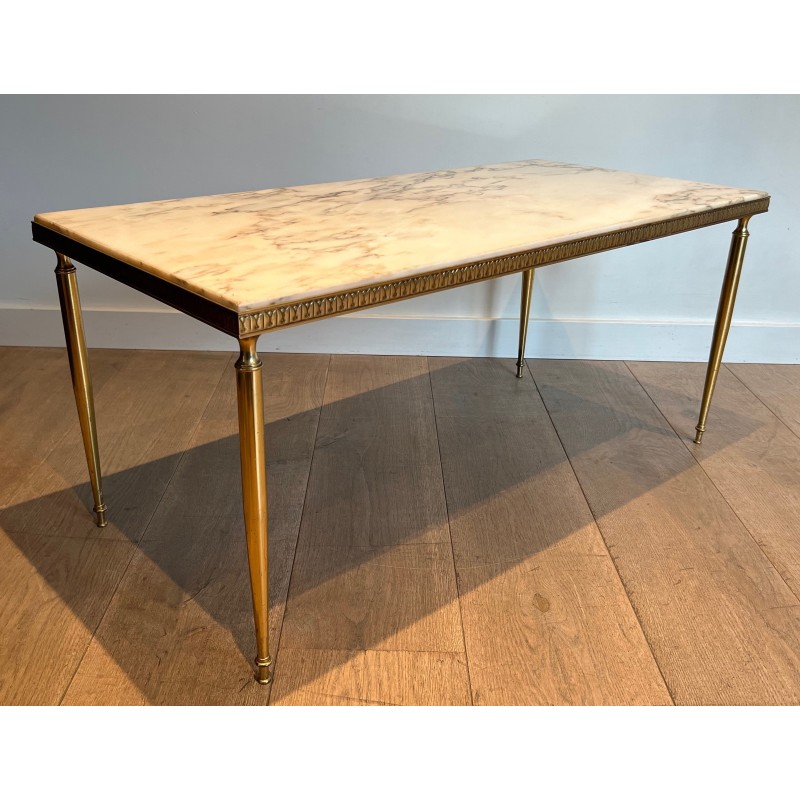 Table Basse Néoclassique en Laiton à Plateau de Marbre, Travail Français dans le Goût de la Maison Jansen, Vers 1940