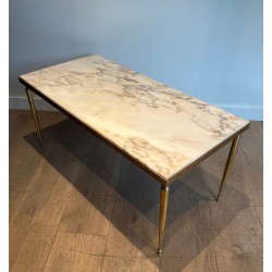 Table Basse Néoclassique en Laiton à Plateau de Marbre, Travail Français dans le Goût de la Maison Jansen, Vers 1940
