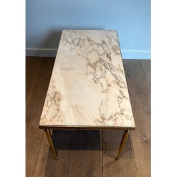 Table Basse Néoclassique en Laiton à Plateau de Marbre, Travail Français dans le Goût de la Maison Jansen, Vers 1940