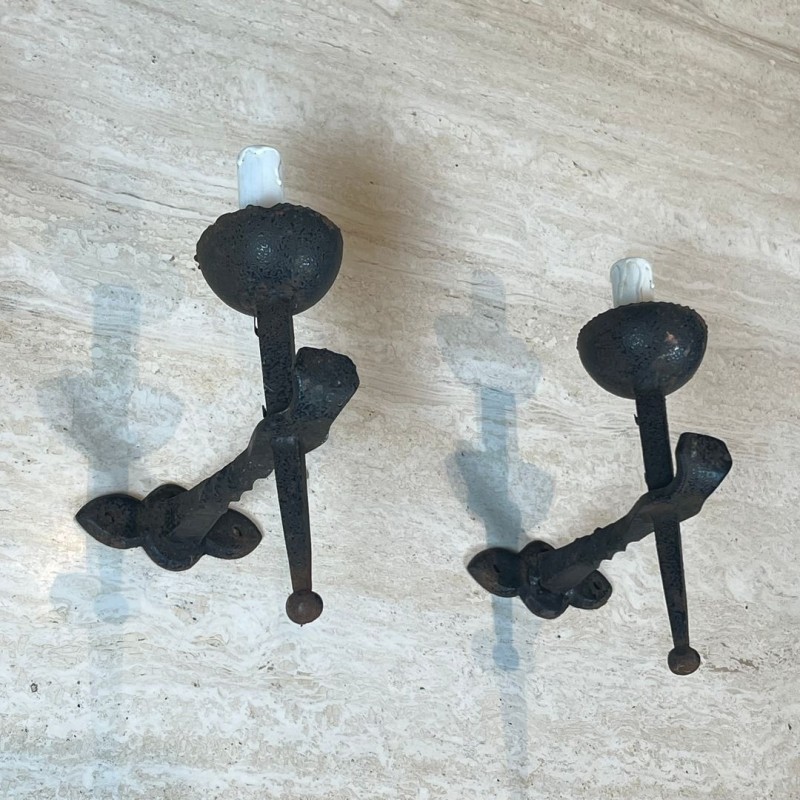 Pair of Gothic Style Wrought Iron Wall Lights