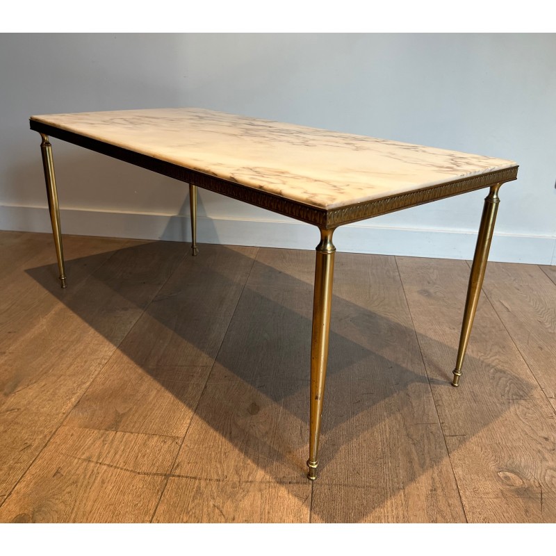 Table Basse Néoclassique en Laiton à Plateau de Marbre, Travail Français dans le Goût de la Maison Jansen, Vers 1940