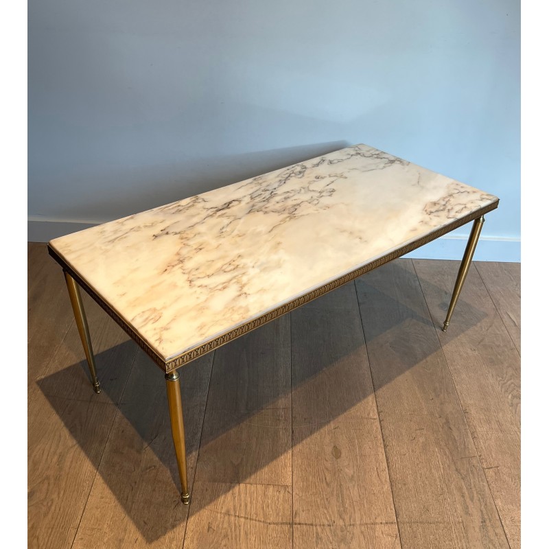 Neoclassical Brass Coffee Table with Marble Top, French Work in the Taste of Maison Jansen, Circa 1940