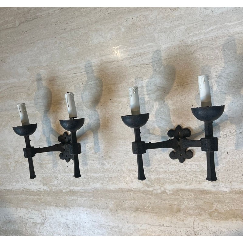 Pair of Gothic Style Wrought Iron Wall Lights with 2 Arms
