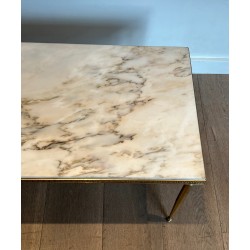 Table Basse Néoclassique en Laiton à Plateau de Marbre, Travail Français dans le Goût de la Maison Jansen, Vers 1940
