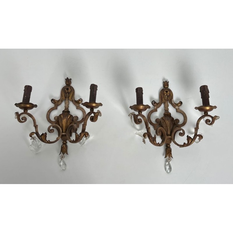 Pair of Patinated Wrought Iron Wall Sconces with Gilded Acanthus Leaves and Crystals