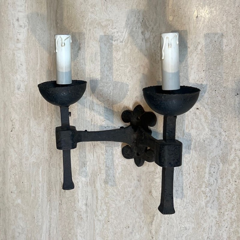 Pair of Gothic Style Wrought Iron Wall Lights with 2 Arms