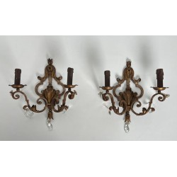 Pair of Patinated Wrought Iron Wall Sconces with Gilded Acanthus Leaves and Crystals