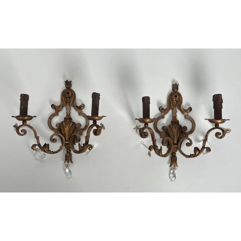Pair of Patinated Wrought Iron Wall Sconces with Gilded Acanthus Leaves and Crystals