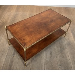 Importante Table Basse Néoclassique en Laiton à Deux Plateaux de Cuir, Maison Jansen, Vers 1940