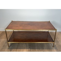 Importante Table Basse Néoclassique en Laiton à Deux Plateaux de Cuir, Maison Jansen, Vers 1940