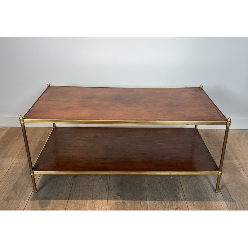 Important Neoclassical Brass Coffee Table with Double Leather Tops, Maison Jansen, Circa 1940