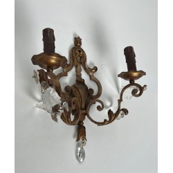 Pair of Patinated Wrought Iron Wall Sconces with Gilded Acanthus Leaves and Crystals