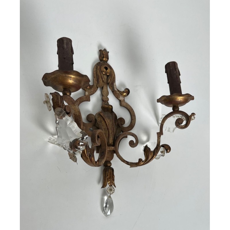 Pair of Patinated Wrought Iron Wall Sconces with Gilded Acanthus Leaves and Crystals