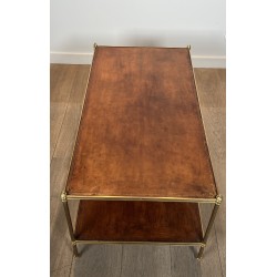 Importante Table Basse Néoclassique en Laiton à Deux Plateaux de Cuir, Maison Jansen, Vers 1940